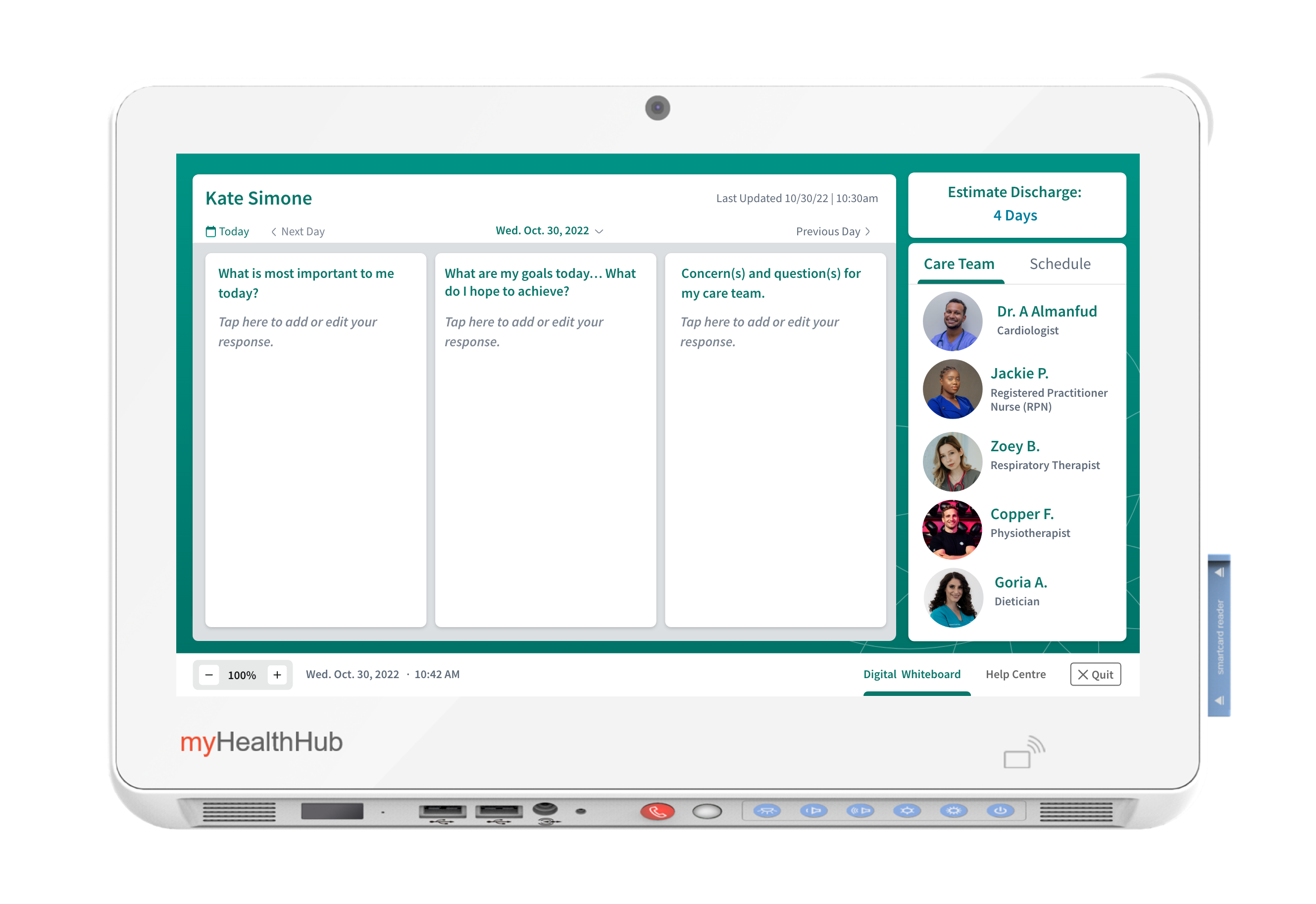 Digital whiteboard concept displayed in a bedside terminal